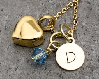 Gold Heart Urn Necklace, Cremation Jewelry, Memorial Keepsake, Personalized Initial