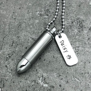 Pet Urn Necklace Bullet Personalized Pet Cremation Jewelry Men&#39;s Necklace For Dog Ashes Necklace Paw Print Ashes Urn Pet Memorial Pendant