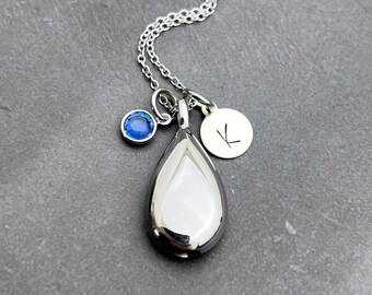Silver Teardrop Urn Necklace With Birthstone & Personalized Tag, Custom Cremation Jewelry, Pendant For Ashes Of Lost Loved One, Remembrance