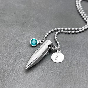 Small Bullet Urn Necklace With Birthstone & Personalized Tag, Custom Cremation Jewelry, Pendant For Ashes Of Lost Loved One, Remembrance Urn