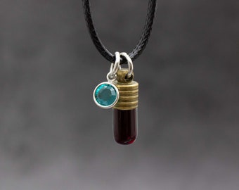 Tiny Bronze Blood Vial Necklace Personalized With Birthstone Crystal, Mini Blood Capsule Amulet, Encapsulated Blood, Blood Bonding Ceremony