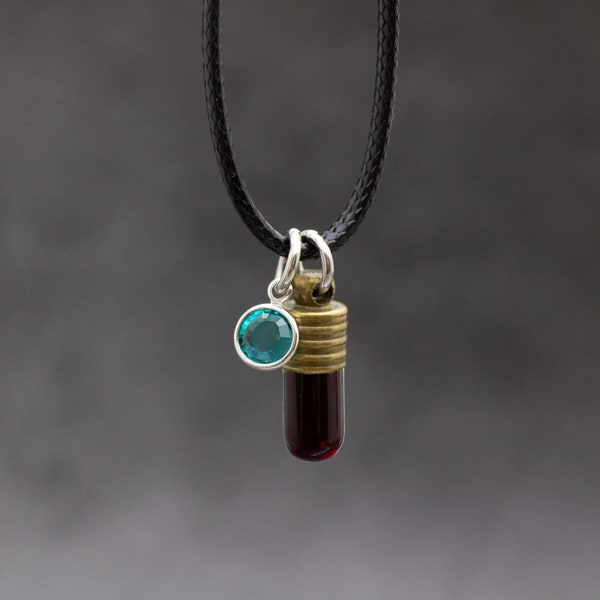 Tiny Bronze Blood Vial Necklace Personalized With Birthstone Crystal, Mini Blood Capsule Amulet, Encapsulated Blood, Blood Bonding Ceremony