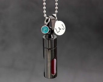 Black Blood Vial Necklace Personalized With Initials & Crystal Of Your Anniversary Month Fill With Ocean Lake Water Sand Honeymoon Keepsake