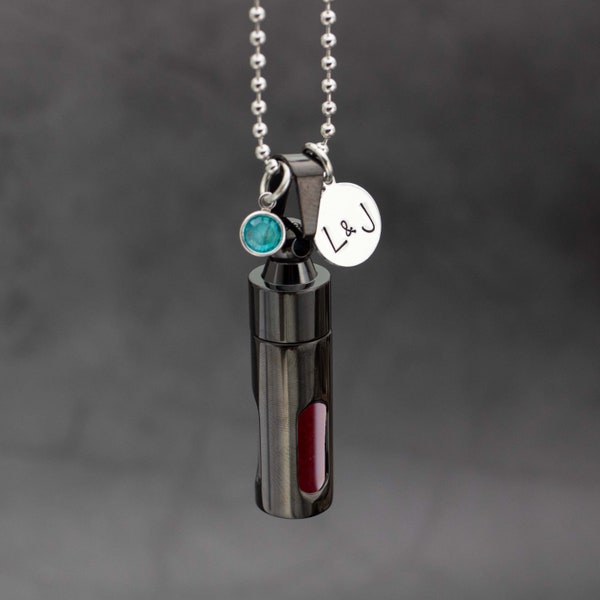 Black Blood Vial Necklace Personalized With Initials & Crystal Of Your Anniversary Month Fill With Ocean Lake Water Sand Honeymoon Keepsake