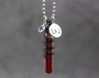 Blood Vial Necklace Personalized With Initials & Crystal Of Your Anniversary Month, Fill With Ocean Water Lake Water Sand Honeymoon Keepsake