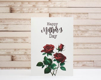 Biglietto scaricabile per la festa della mamma, buona festa della mamma con graziose rose rosse, biglietto da stampare a casa e busta Facile download istantaneo dell'ultimo minuto