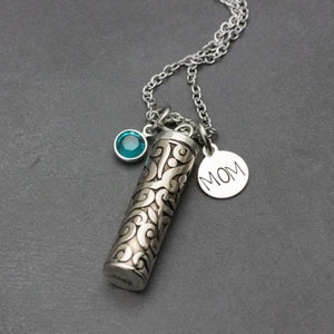 Sterling Silver Vial Urn Necklace With Birthstone & Monogram Tag, Personalized Cremation Jewelry For Women, Lost Loved One Remembrance Charm