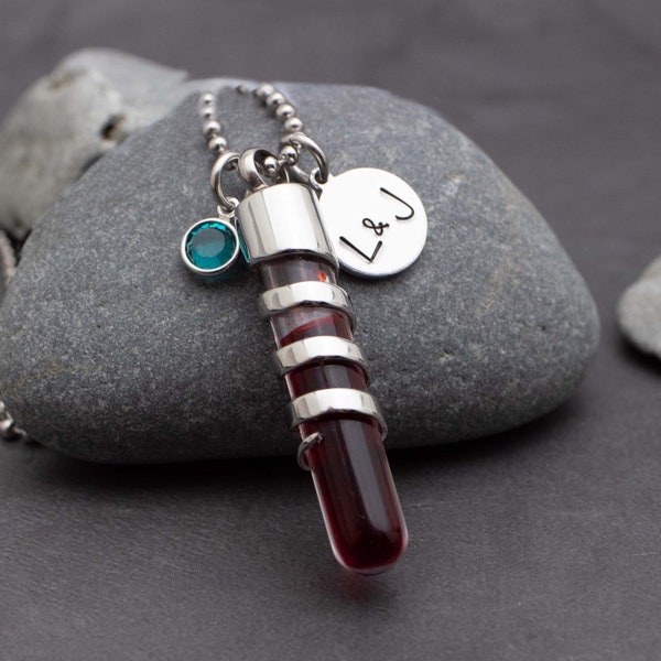 Blood Vial Necklace Personalized With Initials & Crystal Of Your Anniversary Month, Fill With Ocean Water Lake Water Sand Honeymoon Keepsake