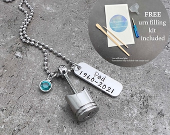 Piston Car Part Urn Necklace, Personalized Cremation Jewelry To Hold Ashes, Custom Name Dates Birthstone, Family Remembrance, Sympathy Gift