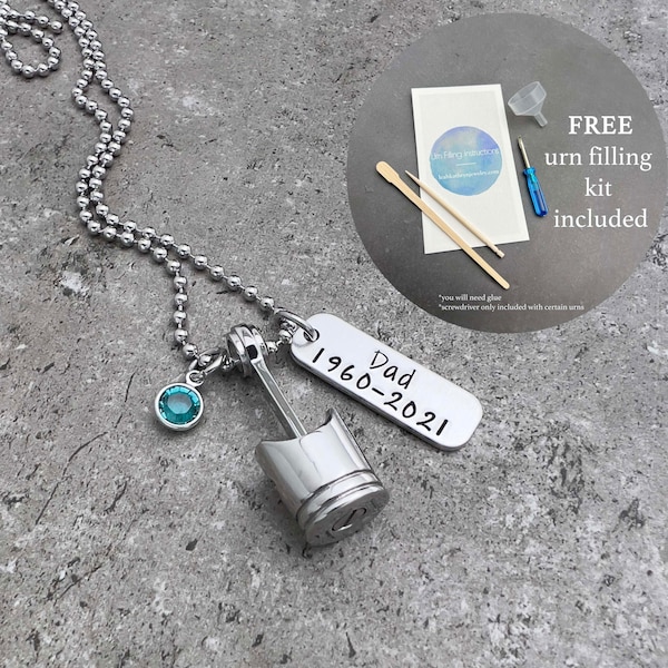 Piston Car Part Urn Necklace, Personalized Cremation Jewelry To Hold Ashes, Custom Name Dates Birthstone, Family Remembrance, Sympathy Gift