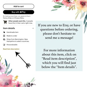 K&ouml;nnte beinhalten: Etsy-Shop-Ank&uuml;ndigung mit einem floralen Hintergrund. Der Text lautet: "Wenn Sie neu bei Etsy sind oder Fragen vor der Bestellung haben, z&ouml;gern Sie bitte nicht, mich zu kontaktieren!" und "Weitere Informationen zu diesem Artikel finden Sie, wenn Sie auf "Artikelbeschreibung lesen" klicken, die Sie direkt unter den "Artikeldetails" finden."