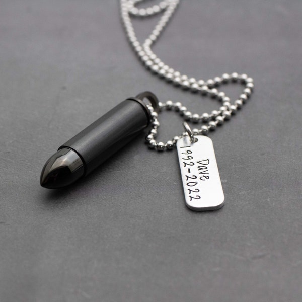 Black Bullet Urn Necklace Personalized Bullet Men's Jewelry For Ashes Personalized Cremation Jewelry For Men Urn Necklace For Him Pet Ashes