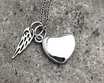 Silver Heart Urn Necklace For Ashes Cremation Jewelry For Women Silver Wing Silver Memorial Jewelry Lost Loved One Mourning Jewelry For Her