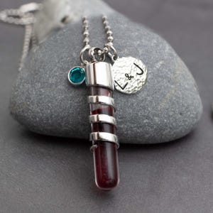 Blood Vial Necklace Personalized With Initials & Crystal Of Your Anniversary Month, Fill With Ocean Water Lake Water Sand Honeymoon Keepsake