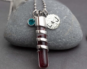 Blood Vial Keepsake Necklace, Personalized Initials, Anniversary Crystal, Stainless Steel
