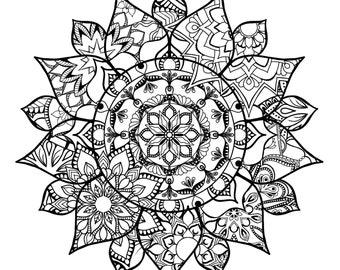 Handgezeichnete Mandala Sonnenblume Malseite oder druckbare Bild für dein Zuhause. Kunst mit kleinem Budget. Mit aufwendigen Ausmalseiten dekorieren.