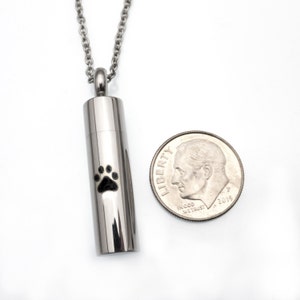 May include: Silver chain necklace with a small, cylindrical pendant featuring a paw print. The pendant is about the size of a ten pence piece.