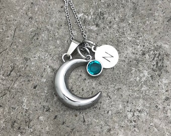 Moon Urn Necklace With Birthstone Personalized Cremation Jewelry Pendant For Ashes Lost Loved One Remembrance Small Dainty Mom Urn Jewelry