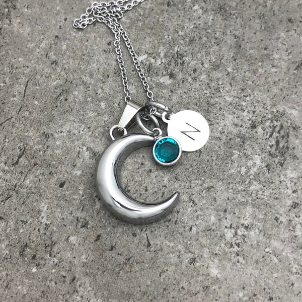 Moon Urn Necklace With Birthstone Personalized Cremation Jewelry Pendant For Ashes Lost Loved One Remembrance Small Dainty Mom Urn Jewelry