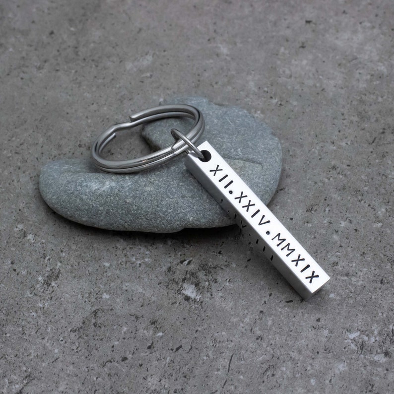 Roman Numeral Dates Hand Stamped Bar Key Chain Personalized Father's ...