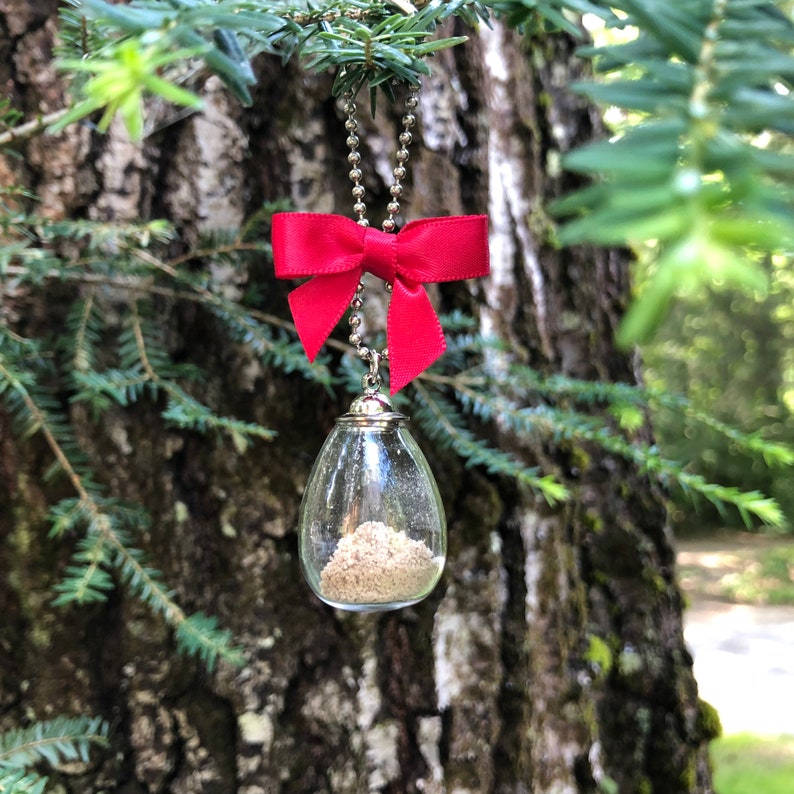 May include: A silver chain with a red bow and a clear glass teardrop-shaped ornament filled with a small amount of tan sand. The ornament is hanging from a tree branch.