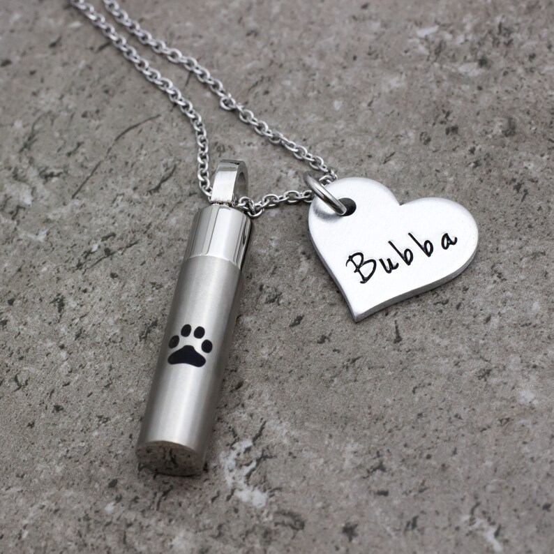 May include: Silver necklace with a heart charm engraved with the name "Bubba" and a cylindrical charm with a paw print.