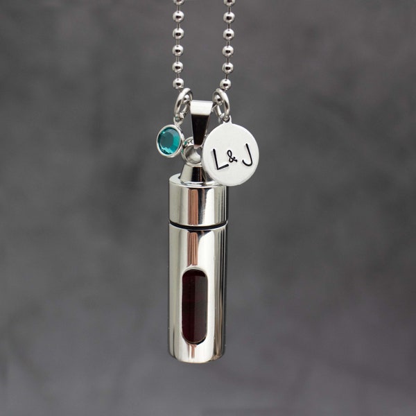 Silver Blood Vial Necklace Personalized With Initials & Crystal Of Your Anniversary Month Fill With Ocean Lake Water Sand Honeymoon Keepsake