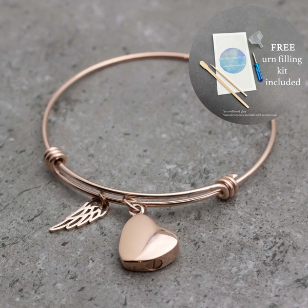 Rose Gold Urn Bracelet For Ashes, Heart Cremation Bracelet With Wing, Cremate Jewelry,  Memorial Jewelry Sympathy Gift For Human Or Pet Ash