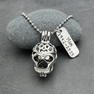 Sugar Skull Urn Necklace, Personalized Cremation Jewelry To Hold Ashes, Custom Name Dates Birthstone, Family Remembrance, Sympathy Gift