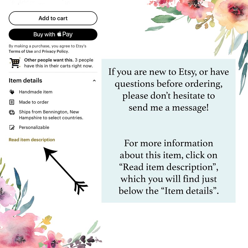 Puede incluir: Anuncio de tienda Etsy con un fondo floral. El texto dice: "Si eres nuevo en Etsy o tienes preguntas antes de realizar un pedido, no dudes en ponerte en contacto conmigo!" y "Para obtener m&aacute;s informaci&oacute;n sobre este art&iacute;culo, haz clic en "Leer la descripci&oacute;n del art&iacute;culo", que encontrar&aacute;s justo debajo de los "Detalles del art&iacute;culo"."