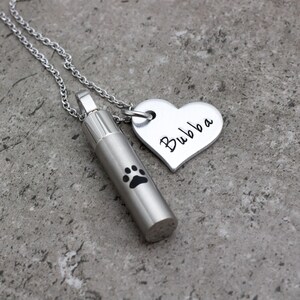 May include: Silver necklace with a small cylinder pendant featuring a paw print and a heart-shaped pendant with the name "Bubba" engraved on it.