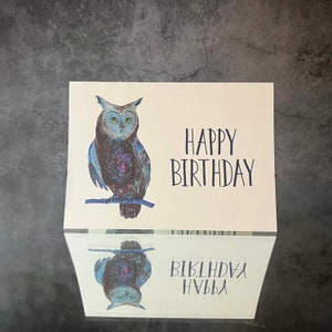 Cartão de aniversário de coruja, download instantâneo Feliz aniversário, impressão digital em casa, cartão e envelope, rápido, fácil, última hora, coruja roxa, signos do zodíaco, estrelas