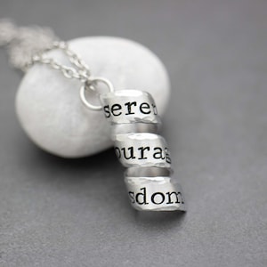 Spiral Serenity Prayer Affirmation Necklace, Mantra &quot;serenity courage wisdom&quot;, Hand Stamped Hidden Message, AA Recovery, NA Gift, Scroll