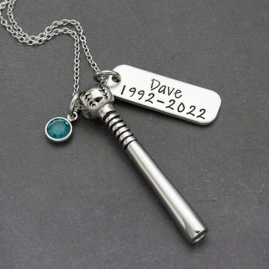 Baseball & Bat Urn Necklace, Personalized Cremation Jewelry to Hold