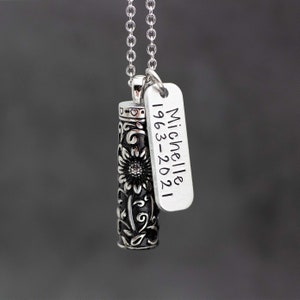 Sunflower Urn Necklace, Personalized Cremation Jewelry To Hold Ashes, Custom Name Dates, Family Remembrance Sympathy Gift, Cremains Memorial