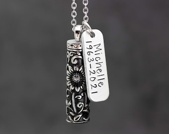 Sunflower Cremation Urn Necklace, Personalized Memorial Jewelry