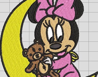 Minnie mouse with bear and moon embroidery design, 2 different sizes, instant downloadable file, pes, dst, jef, hus, exp, vp3.