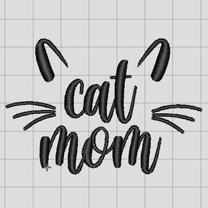 Puede incluir: Diseño de bordado en blanco y negro de un gato con bigotes y el texto "cat mom".