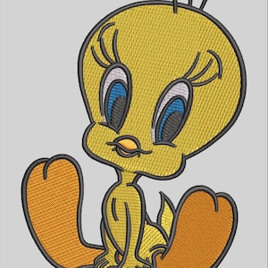 Puede incluir: Imagen bordada de Piolín, un canario amarillo de dibujos animados, con grandes ojos azules, sentado con las piernas estiradas. El diseño presenta contornos negros y pies, pico y detalles en naranja. El fondo es gris claro liso.