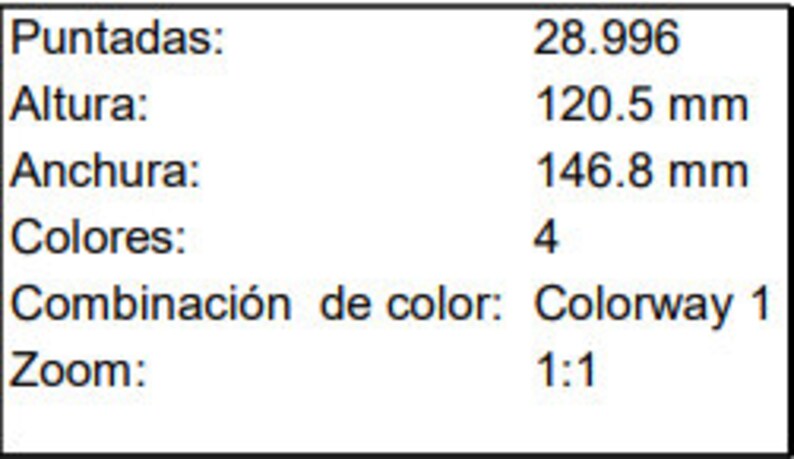 May include: A close-up of a fabric swatch with details about the fabric. The fabric has 28,996 stitches, is 120.5 mm tall and 146.8 mm wide. It comes in 4 colors and is labeled "Colorway 1". The zoom is 1:1.