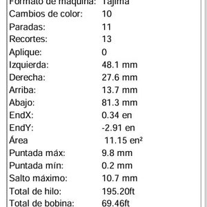 Puede incluir: Un archivo de dise&ntilde;o de bordado a m&aacute;quina para m&aacute;quinas de bordado Tajima. El dise&ntilde;o tiene 10 cambios de color, 11 paradas, 13 recortes y una longitud total de hilo de 195,20 pies. El dise&ntilde;o tiene 48,1 mm de ancho, 27,6 mm de alto y un &aacute;rea de 11,15 pulgadas cuadradas.