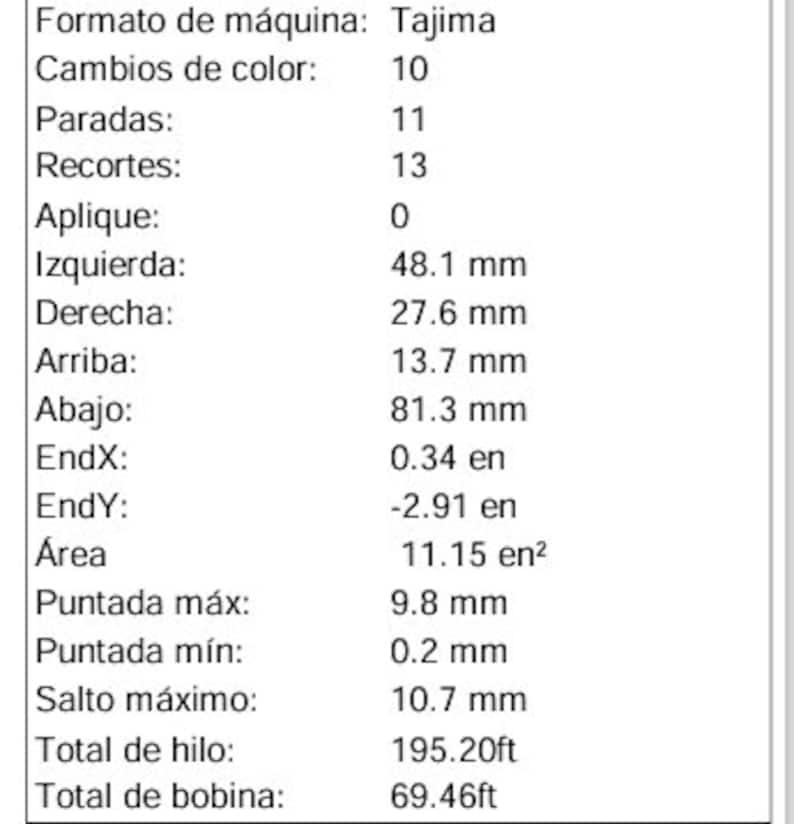 Puede incluir: Un archivo de dise&ntilde;o de bordado a m&aacute;quina para m&aacute;quinas de bordado Tajima. El dise&ntilde;o tiene 10 cambios de color, 11 paradas, 13 recortes y una longitud total de hilo de 195,20 pies. El dise&ntilde;o tiene 48,1 mm de ancho, 27,6 mm de alto y un &aacute;rea de 11,15 pulgadas cuadradas.