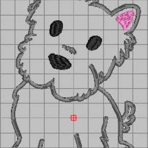 Puede incluir: Un perro blanco de estilo de dibujos animados con ojos negros y una nariz negra. El perro tiene orejas rosas y está sentado sobre un fondo gris.