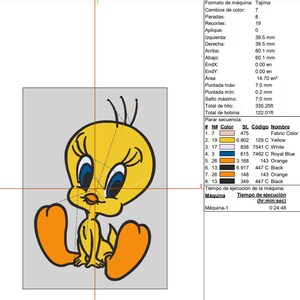 May include: A yellow cartoon Tweety Bird embroidery design, with blue eyes and orange feet, is centered on a grey background. The design includes details such as the bird's eyelashes and beak. The image also includes technical embroidery specifications.