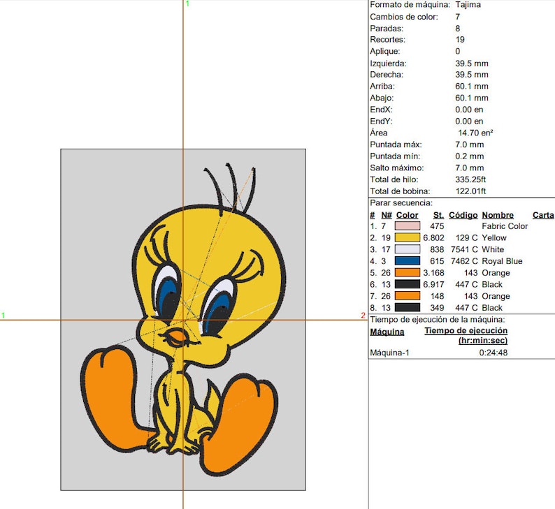 May include: A yellow cartoon Tweety Bird embroidery design, with blue eyes and orange feet, is centered on a grey background. The design includes details such as the bird's eyelashes and beak. The image also includes technical embroidery specifications.