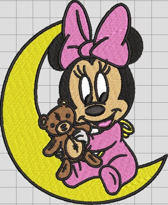 Minnie mouse with bear and moon embroidery design, 2 different sizes, instant downloadable file, pes, dst, jef, hus, exp, vp3.