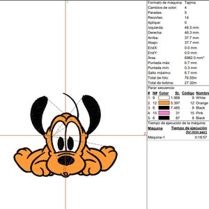 May include: A cartoon illustration of a brown and orange dog with black ears and eyes. The dog is lying down with its paws in the air. The image is a digital embroidery design.