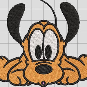 May include: A cartoon illustration of a brown and black dog with big eyes and a pink nose. The dog is lying down with its paws in front of it.