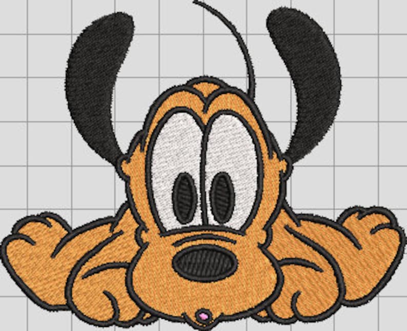May include: A cartoon illustration of a brown and black dog with big eyes and a pink nose. The dog is lying down with its paws in front of it.
