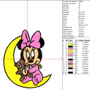 K&ouml;nnte beinhalten: Gesticktes Design mit einer Zeichentrickfigur mit gro&szlig;er rosa Schleife, die auf einem gelben Halbmond sitzt und einen Teddyb&auml;ren h&auml;lt. Die Figur tr&auml;gt ein rosa Outfit. Geeignet f&uuml;r Babyartikel. Ma&szlig;e in mm.